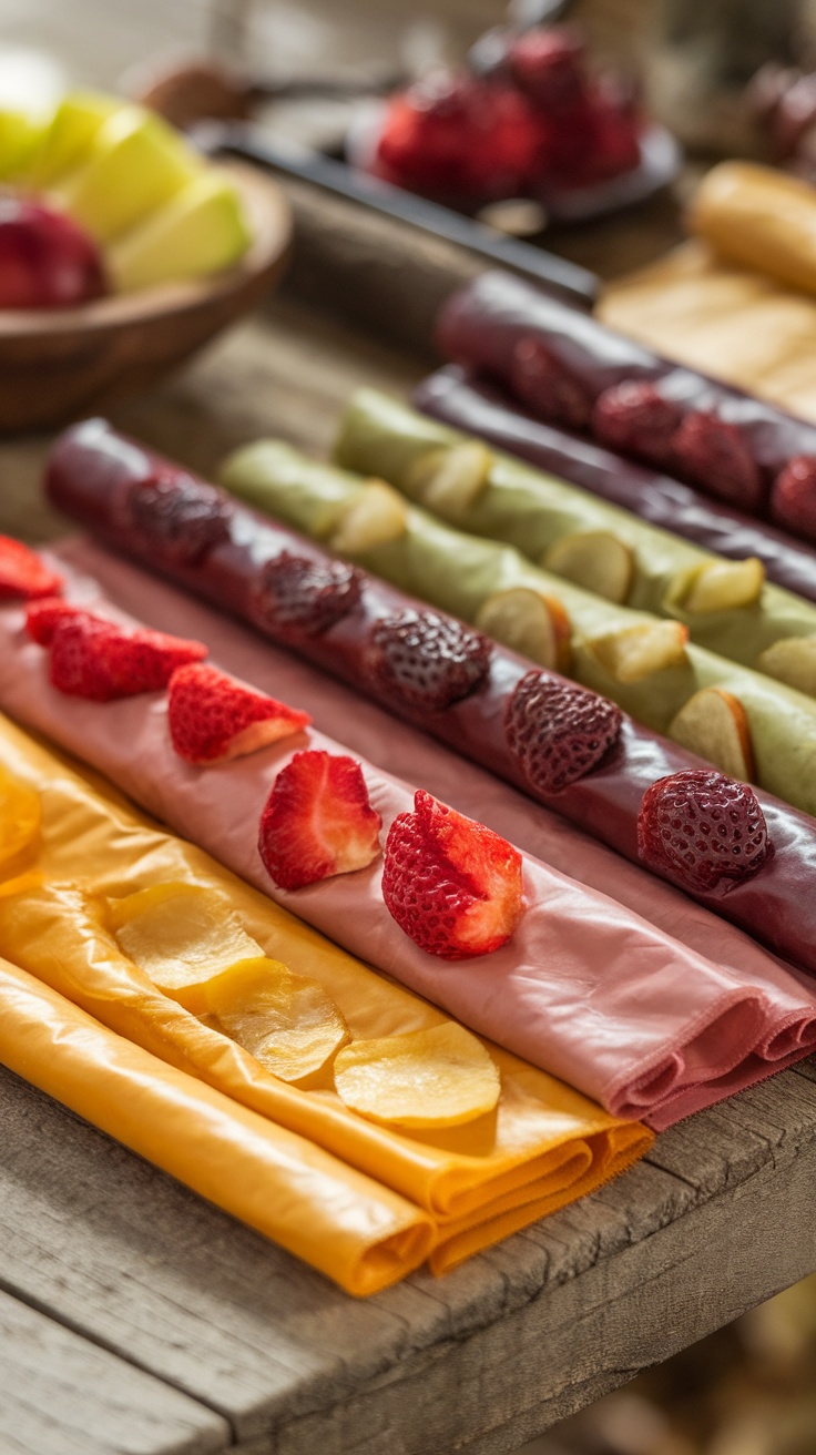 Colorful rolls of dehydrated fruit leather made from strawberries, mangoes, and apples, displayed on a wooden table with fresh fruit.